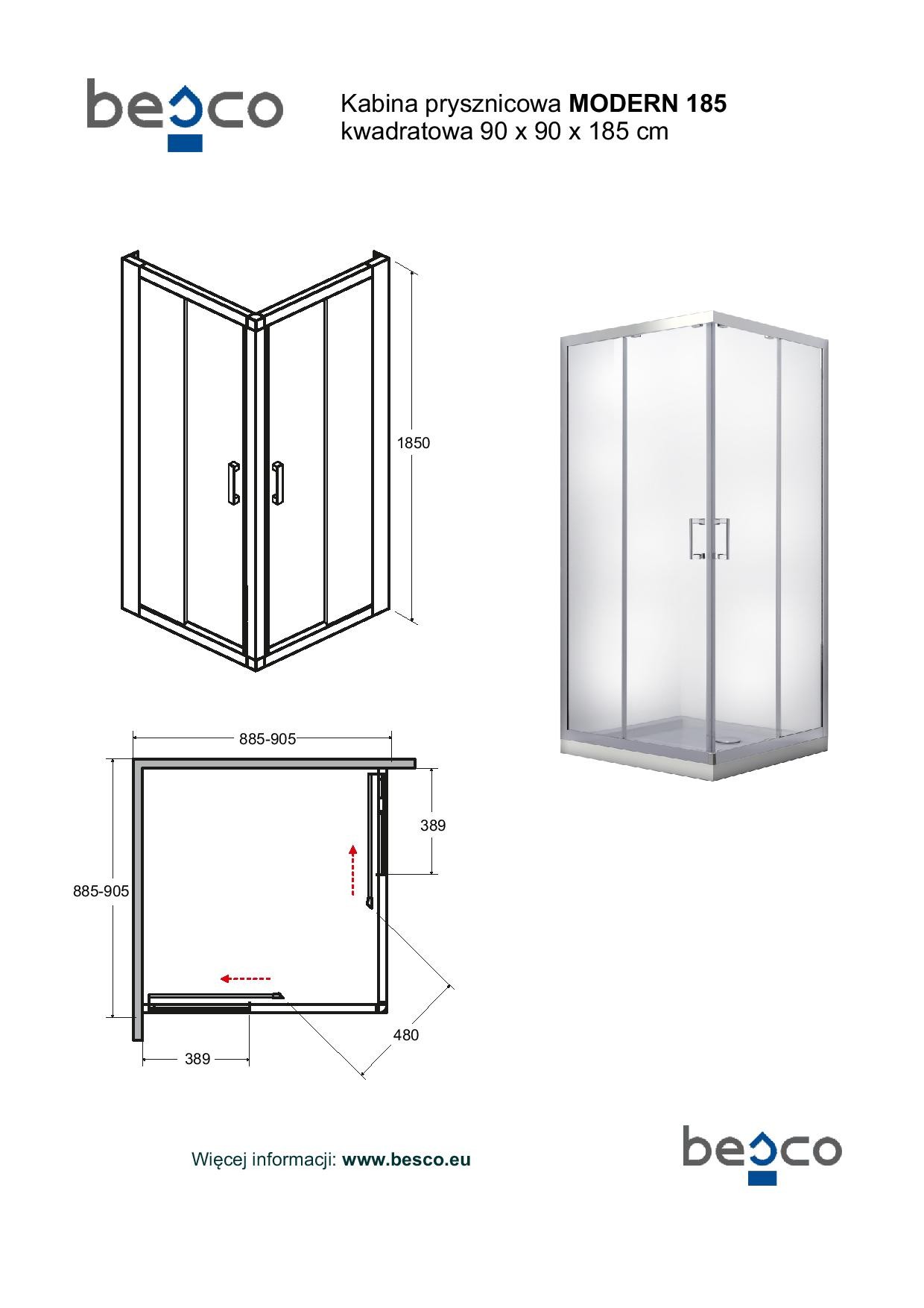 BESCO Čtvercový sprchový kout MODERN 185,  Barva rámu - Chrom/Leštěný hliník (ALU), Rozměr A - 90 cm, Rozměr B - 90 cm, Rozměr C - 185 cm, Směr zavírání - Univerzální Levé / Pravé, Výplň - Čiré bezpečnostní sklo - 6 mm (BCMOD90CC)
