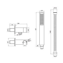 Hranatý vývod ze zdi pro ruční sprchu BLACK, s příslušenstvím