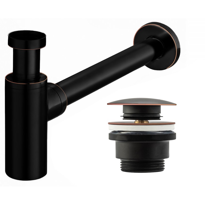 Umyvadlový kovový sifon s click/clack zátkou, univerzální, černá s patinou