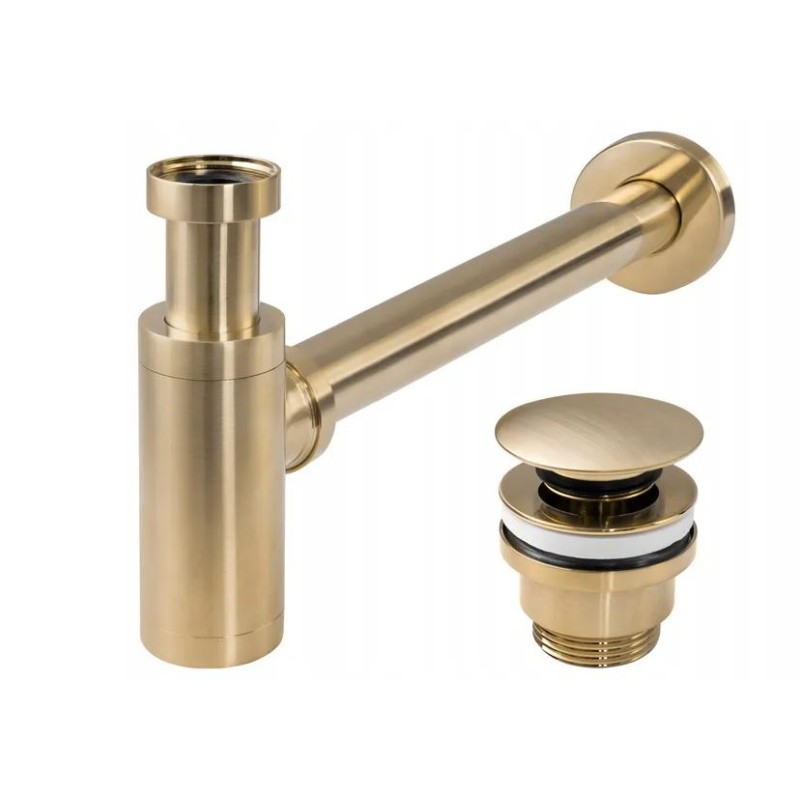 Umývadlový kovový sifón s click/clack zátkou, univerzálny, zlatá matná-brúsená