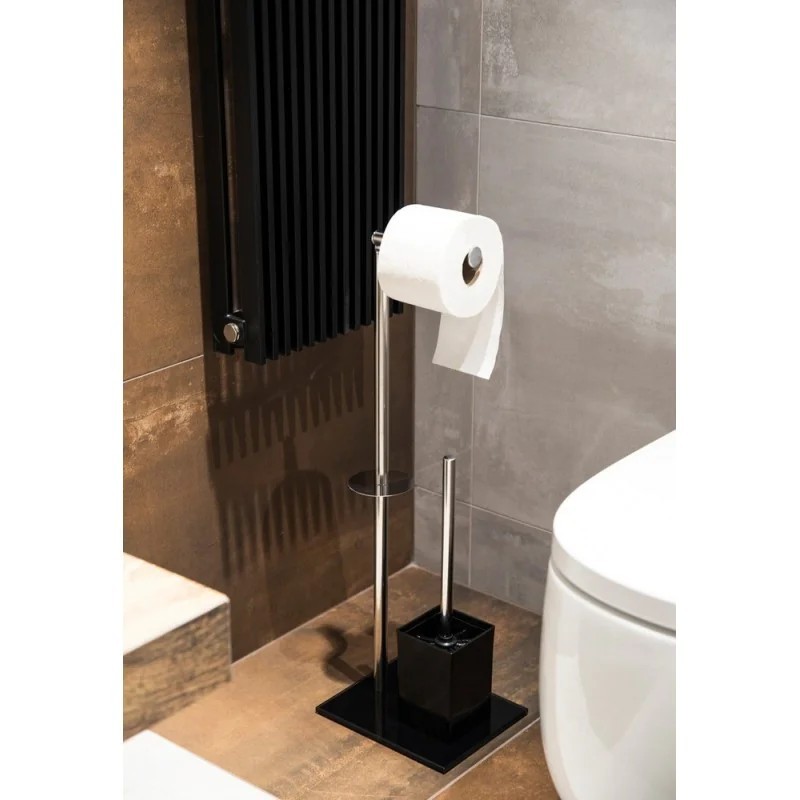 Černý nerezový stojan na toaletní papír a WC štětku