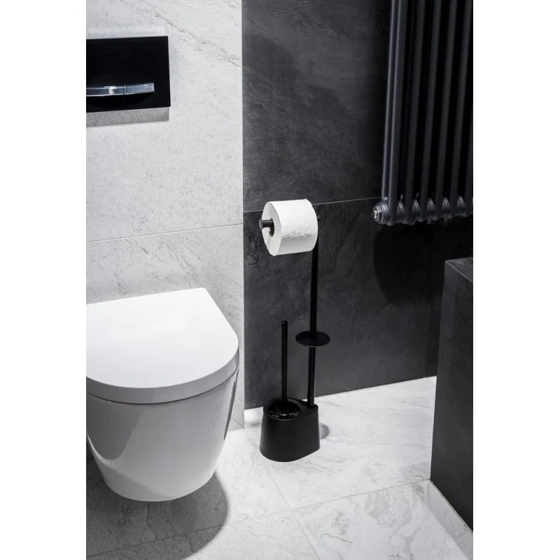 Černý nerezový stojan na toaletní papír a WC štětku