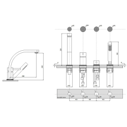 4 - otvorová vanová baterie DECCO zlatá s příslušenstvím
