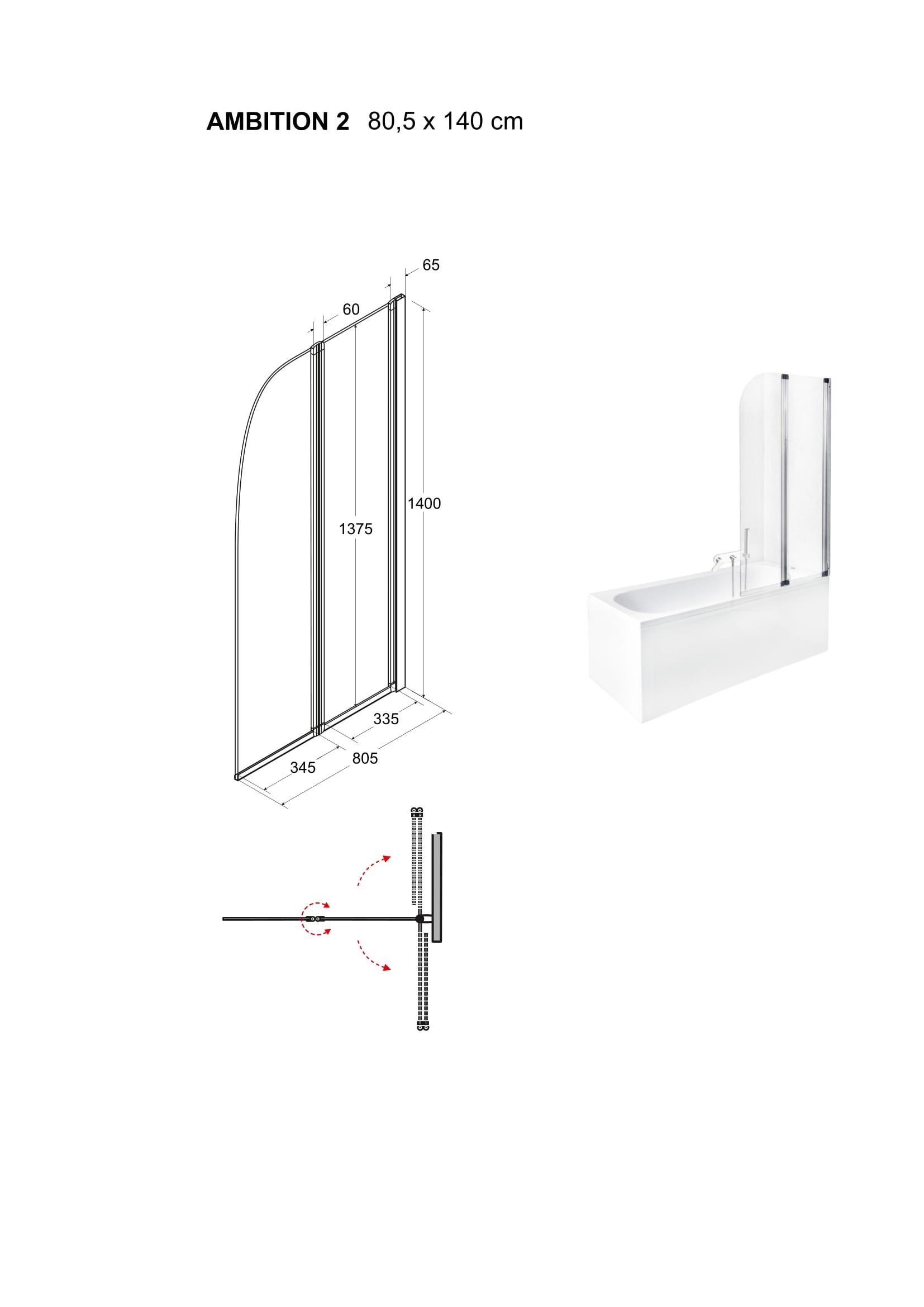 BESCO Vanová zástěna AMBITION 2,  Barva rámu - Chrom/Leštěný hliník (ALU), Rozměr A - 80.5 cm, Směr zavírání - Univerzální Levé / Pravé, Výplň - Čiré bezpečnostní sklo - 4 mm (BCAMB2CC)